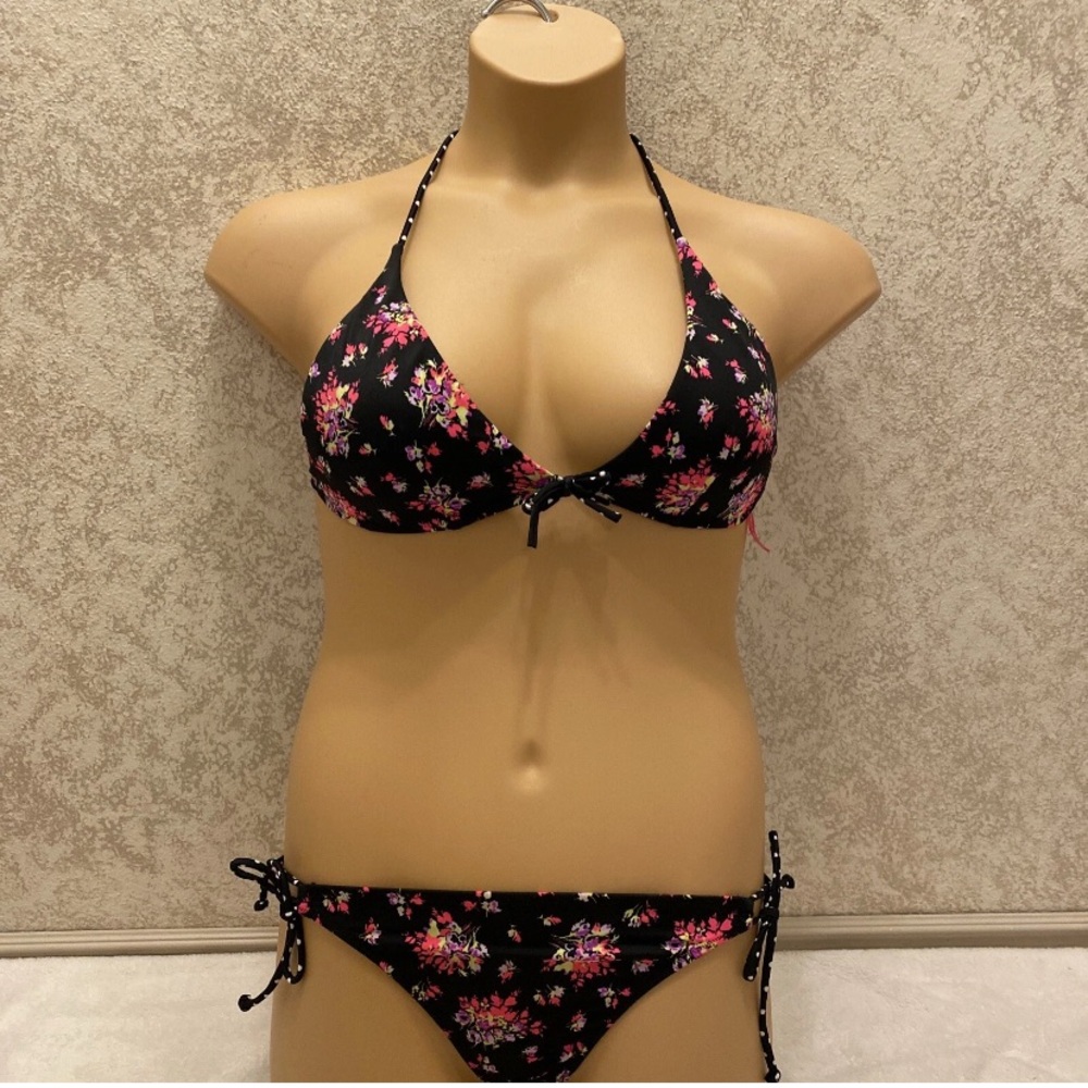 Victoria's Secret Black and Pink Floral Polka Dot Bikini